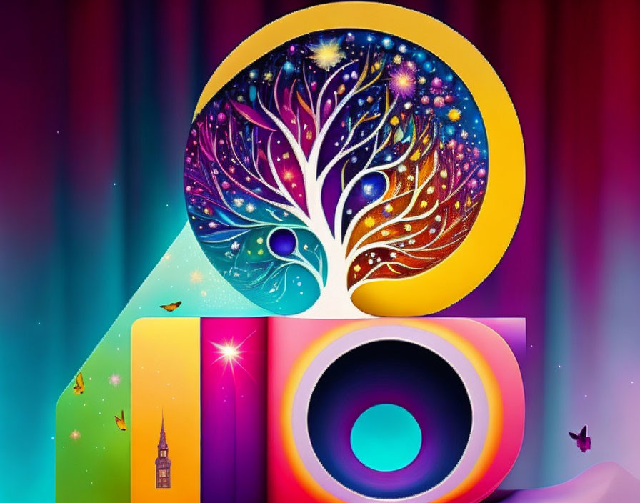 Colorful cosmic tree digital artwork with stars, crescent moon, geometric shapes, and tower silhouette.