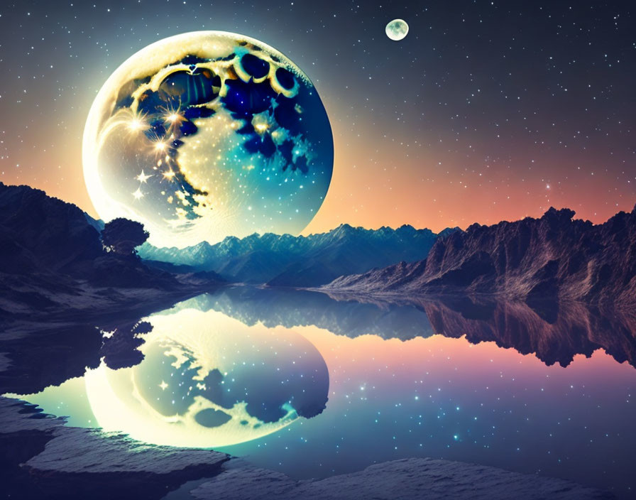 Surreal landscape with reflective lake, mountains, oversized moon, and fractal starry sky