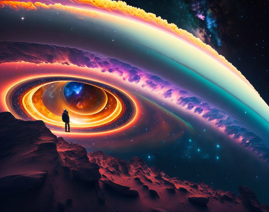 Person standing on rocky terrain mesmerized by cosmic vortex and rainbow stars.