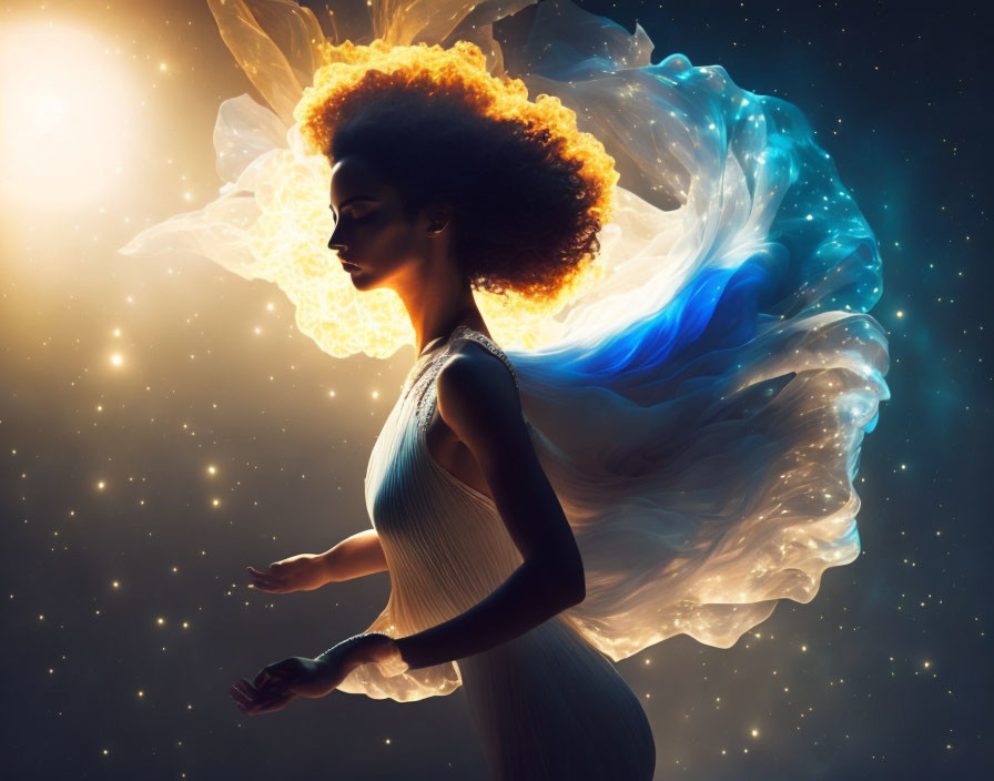 Silhouette of woman with afro in flowing dress against cosmic backdrop