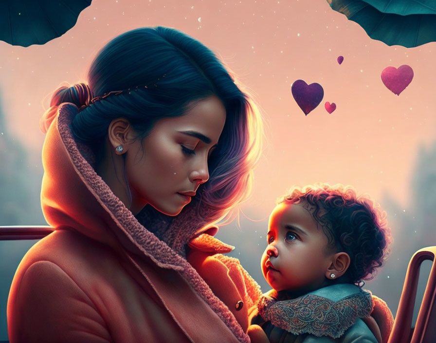 Stylized digital artwork of woman and child in tender moment