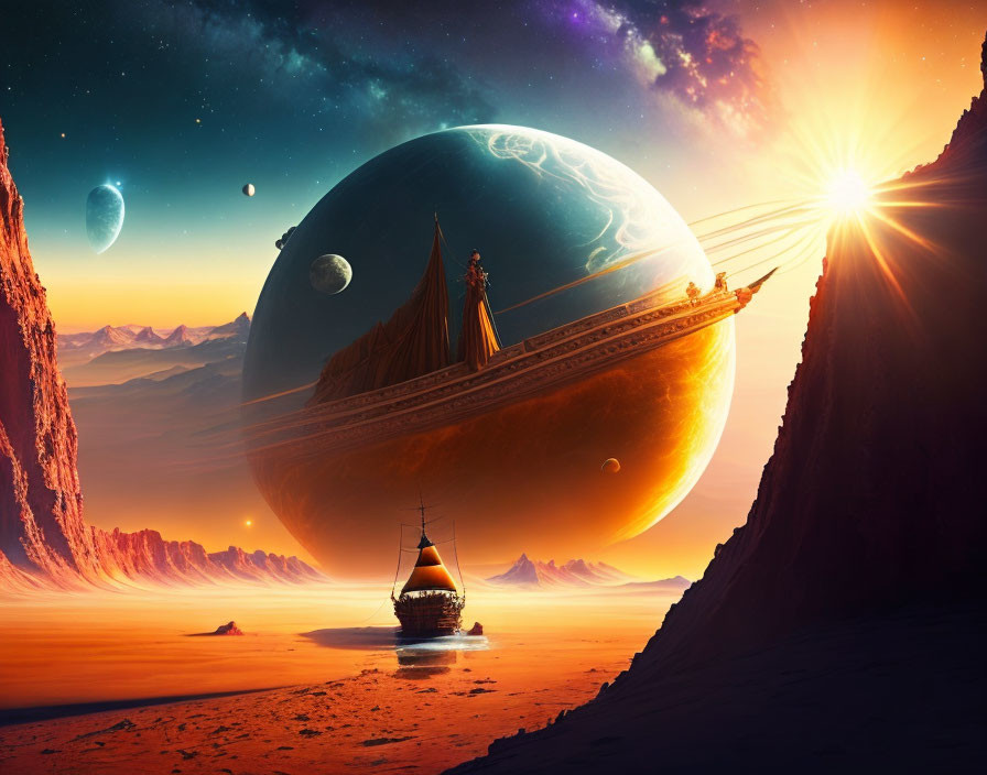 Fantasy landscape with ship, planets, sun, and orange hues