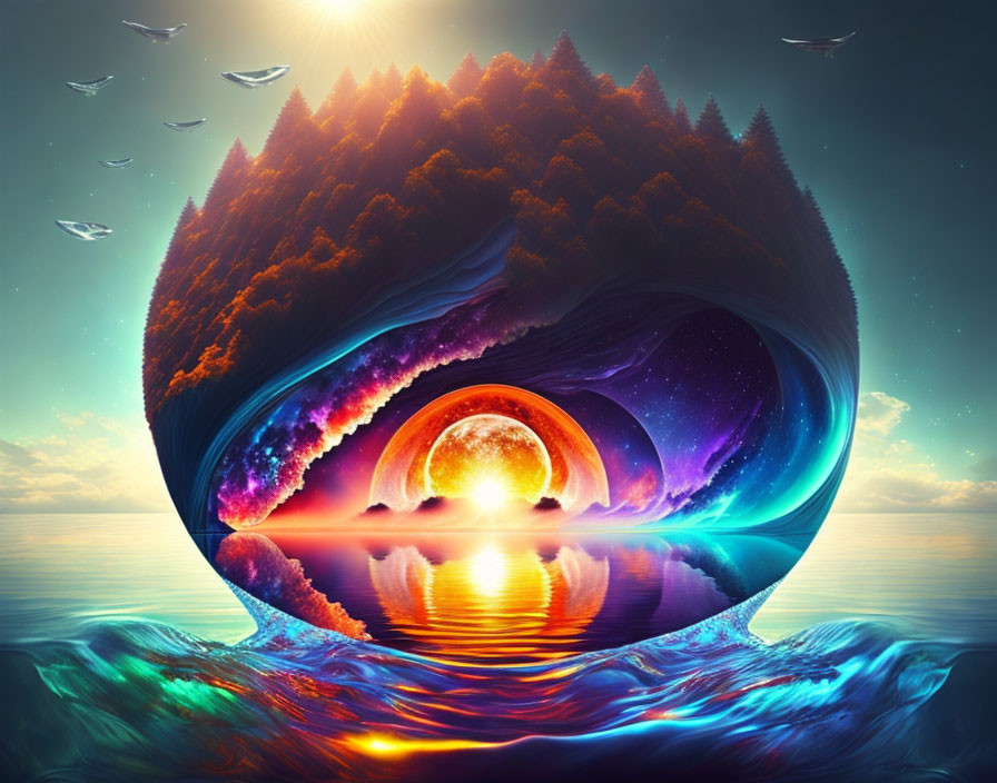 Surreal inverted landscape with forest sphere, sunset, ocean, birds, and cosmic backdrop