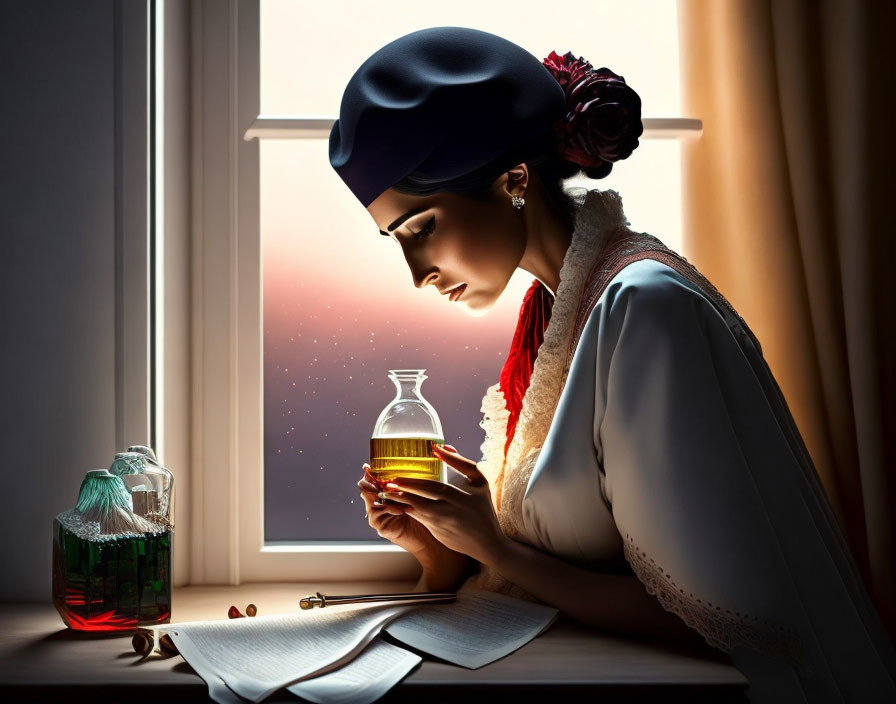 Vintage woman with flask by window in contemplation with papers and ink.