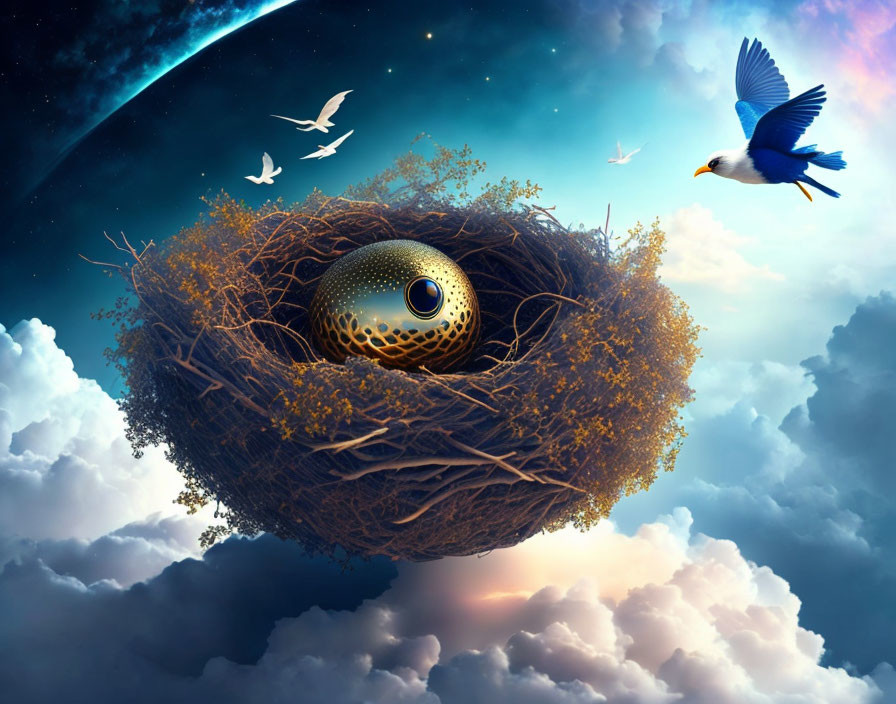 Surreal image of large bird's nest with golden egg and eye in sky