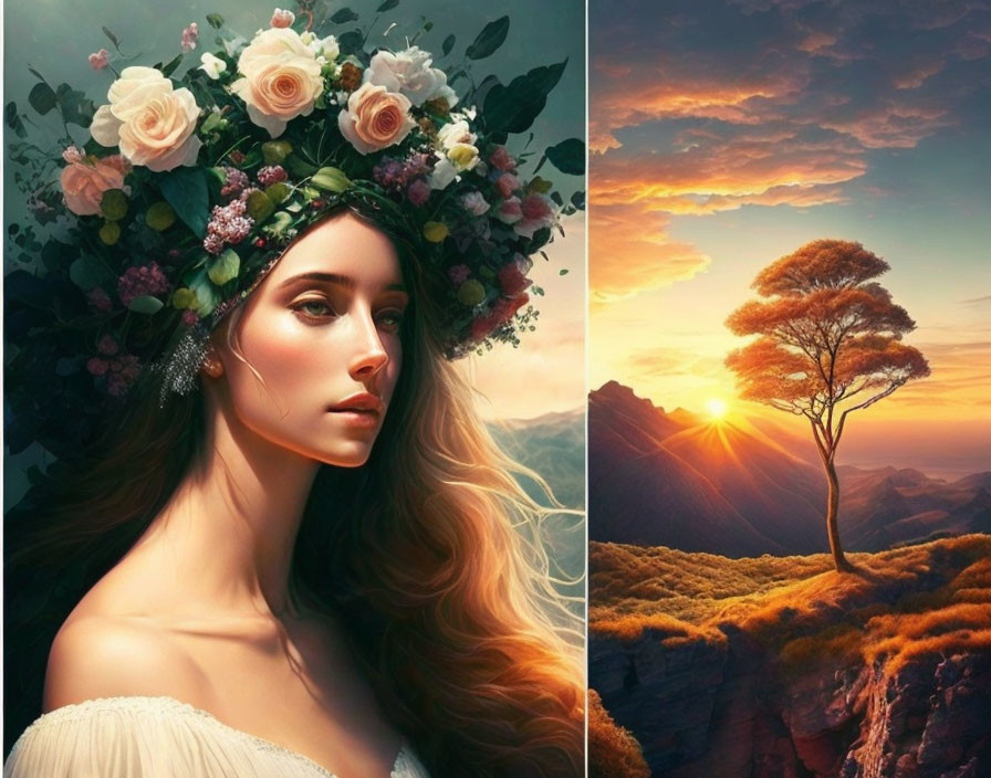 Digital artwork: Woman with floral crown beside lone tree on hill at sunset