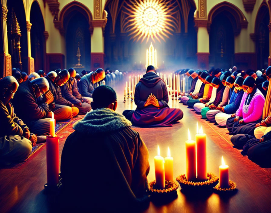 People praying in candlelit hall with stained glass