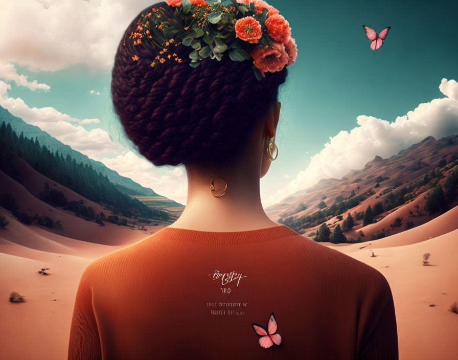 Woman with floral-adorned bun in surreal landscape with butterflies