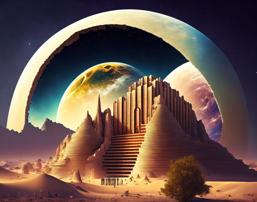 Fantastical landscape featuring ziggurat, alien planet, moon, starry sky, and desert