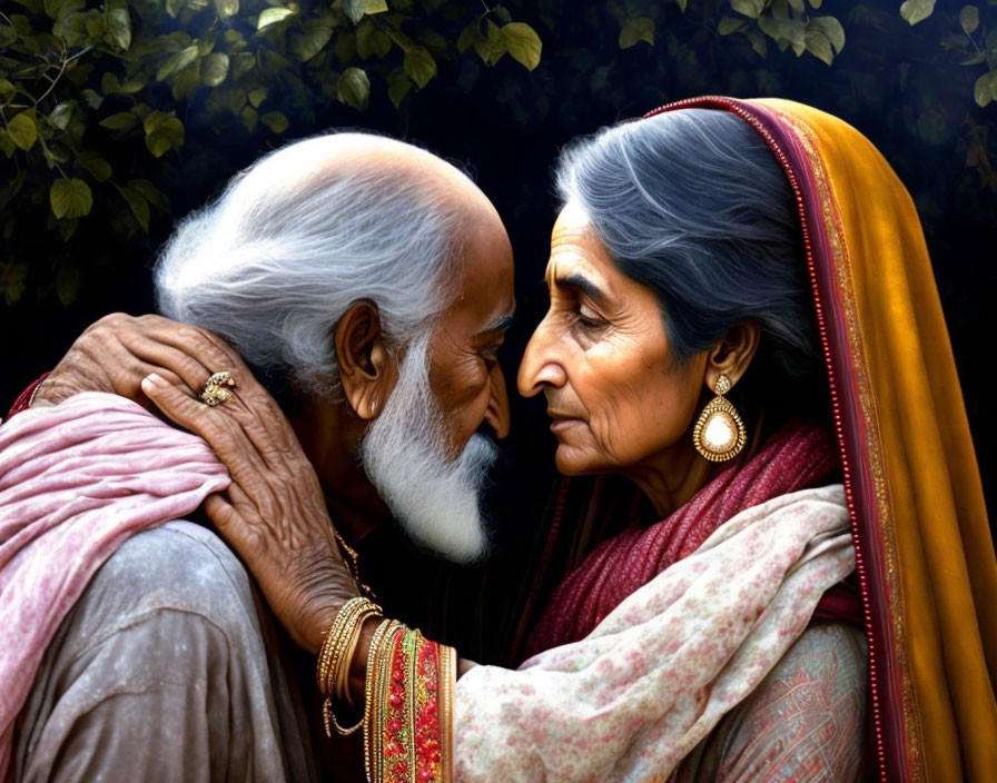 Elderly couple in traditional South Asian attire showing affection