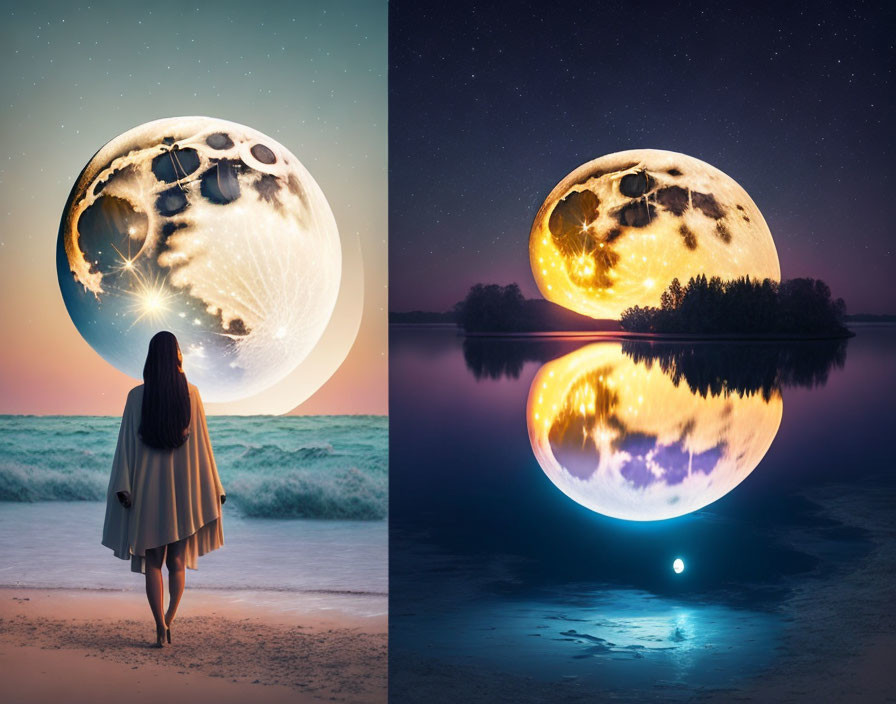 Woman admires surreal oversized moon on beach at night