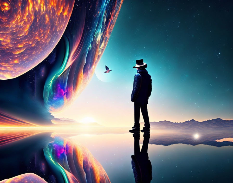 Person in Hat Contemplates Planets and Butterfly by Serene Lake