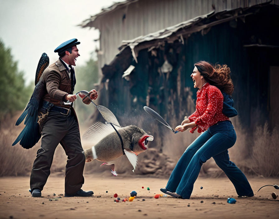 Man and woman hitting flying fish pinata near rustic building