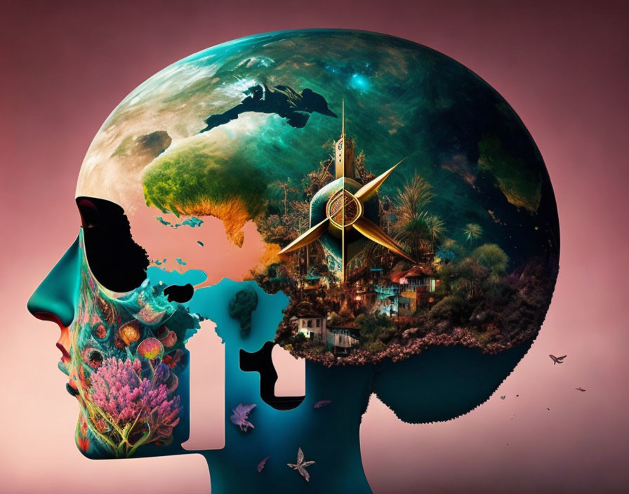 Surreal human profile with Earth brain, compass, nature, architecture on pink backdrop