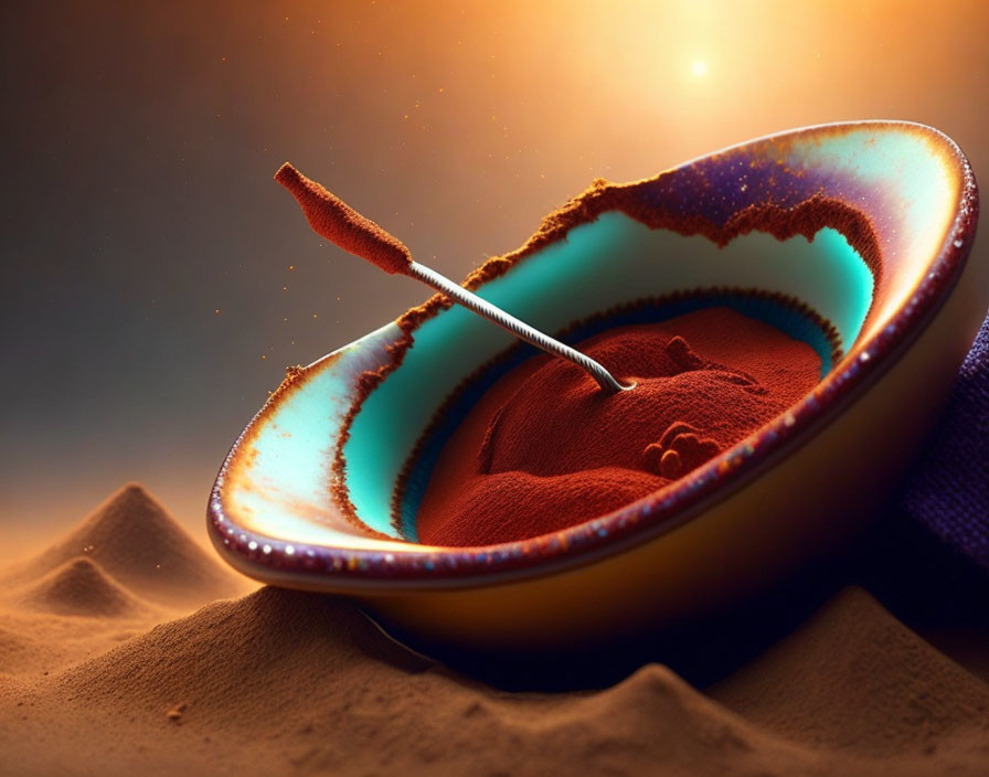 Surreal image of spoon in red powder bowl with Mars-like landscape