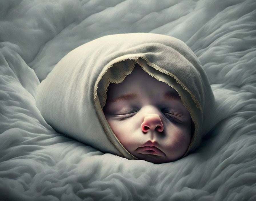 Sleeping baby swaddled in beige blanket amidst soft grey ripples