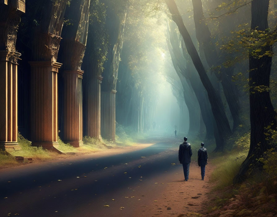 Forest road scene with two individuals walking under towering trees and sunlight filtering through foliage