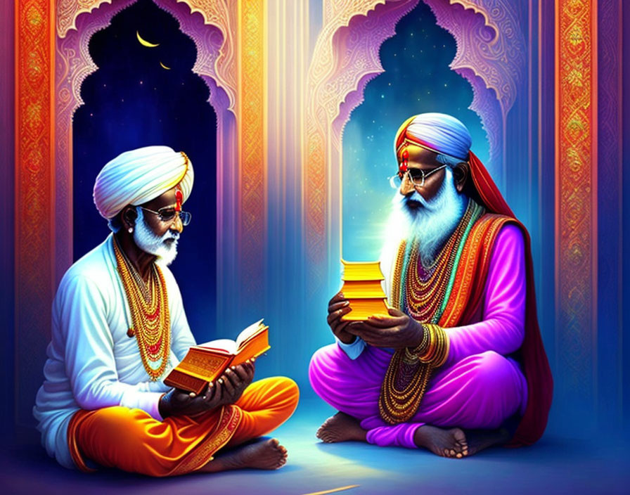 Two wise men in traditional Indian attire reading sacred texts in ornate room