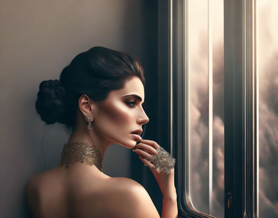 Elegant woman with updo and jewelry gazes out window