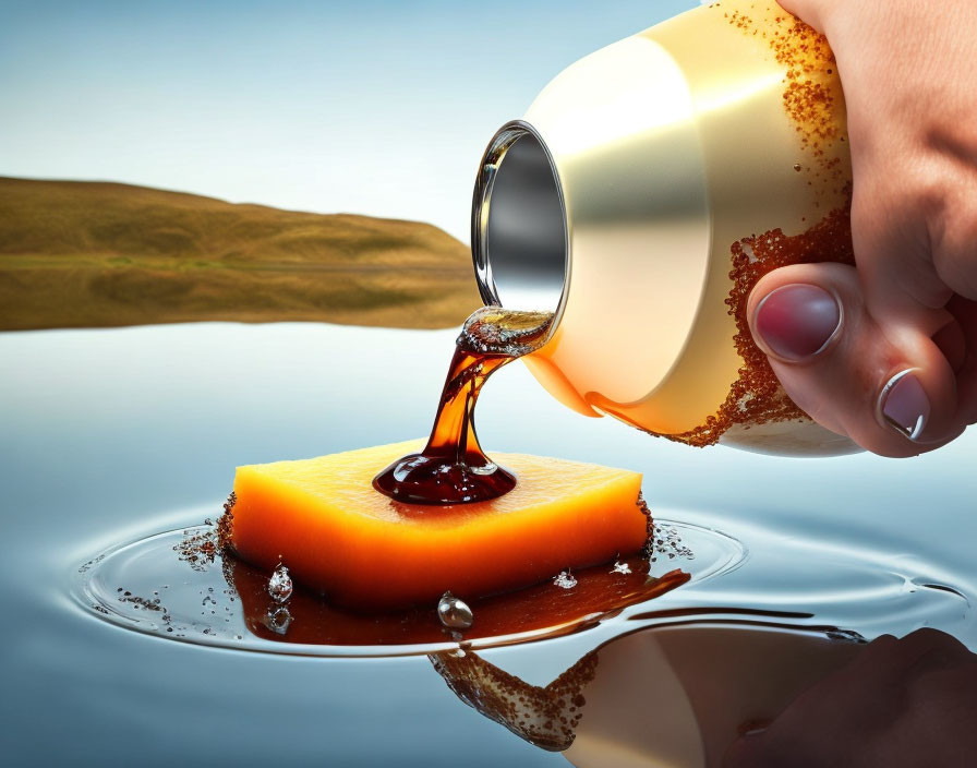 Hand pouring dark syrup on orange square by water with landscape