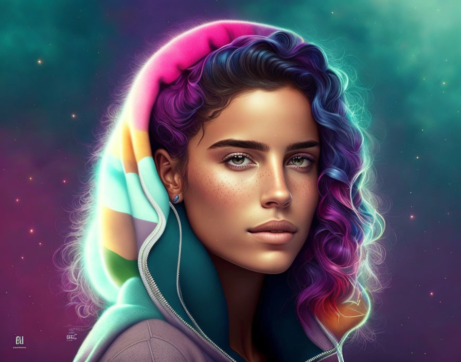 Colorful Hair Woman Portrait with Cosmic Background: Vibrant Hues & Hyper-Realistic Details