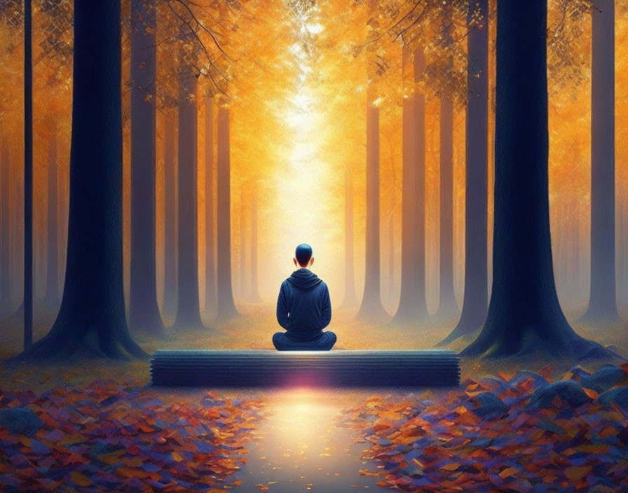 Person meditating in autumn forest with sunlight and falling leaves