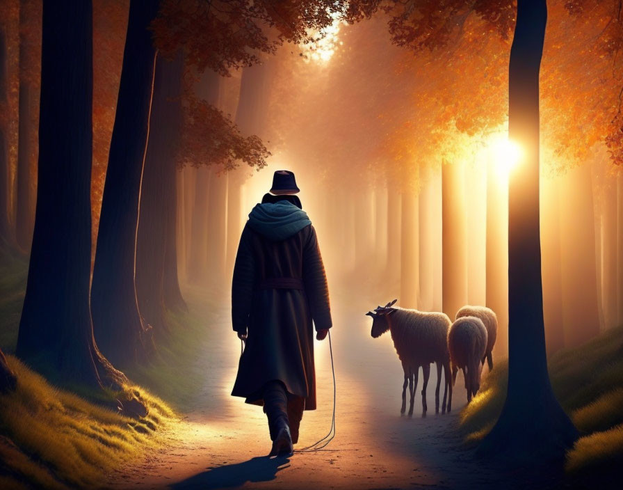 Shepherd with Two Sheep Walking in Sunlit Autumn Forest