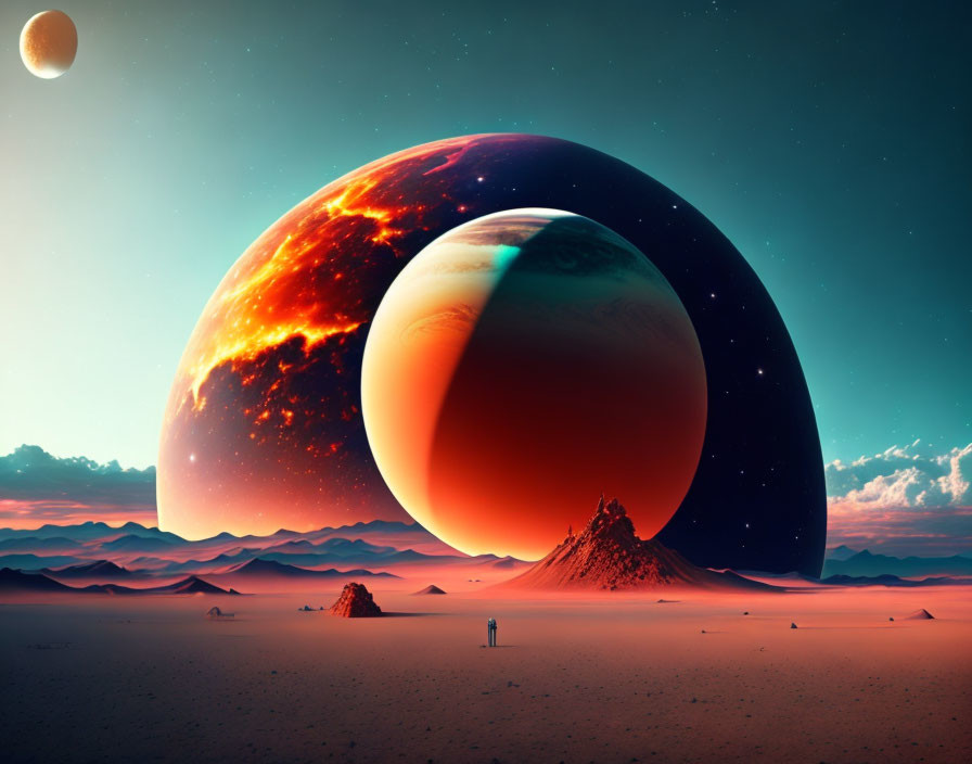 Surreal desert landscape with colossal planets and orange sky