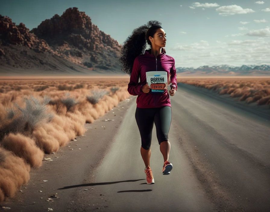 Woman jogging in scenic desert landscape with dramatic clouds and mountains