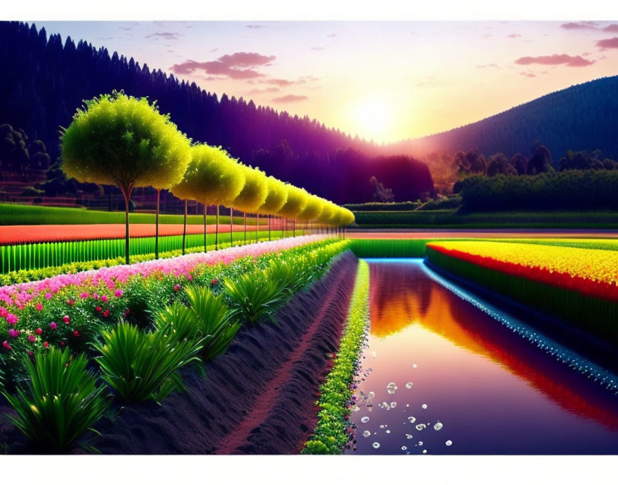 Vibrant flower fields, water canal, sunset, trees, and hills in serene landscape