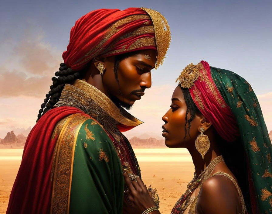 Traditional Clothing: Man and Woman in Intimate Pose in Desert