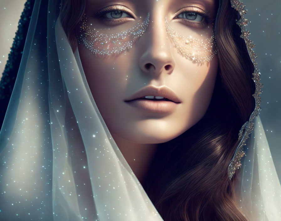 Woman's digital portrait: sparkling makeup, starry veil, wavy hair