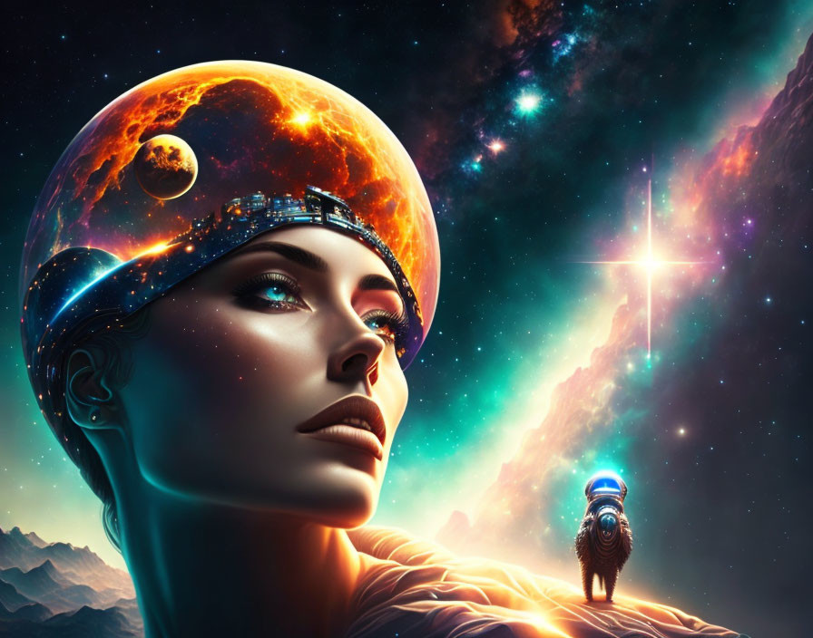 Surreal portrait of woman with cosmic-themed head and space backdrop