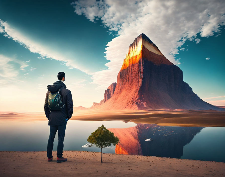 Backpacker admiring sunlit mountain peak and serene lake with sapling