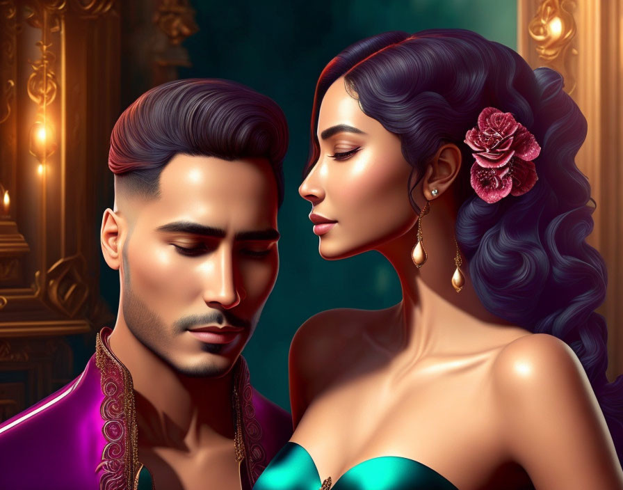 Stylized characters in romantic pose with luxurious background