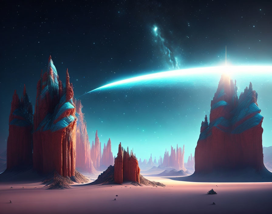 Vibrant blue and red rock formations in surreal alien landscape