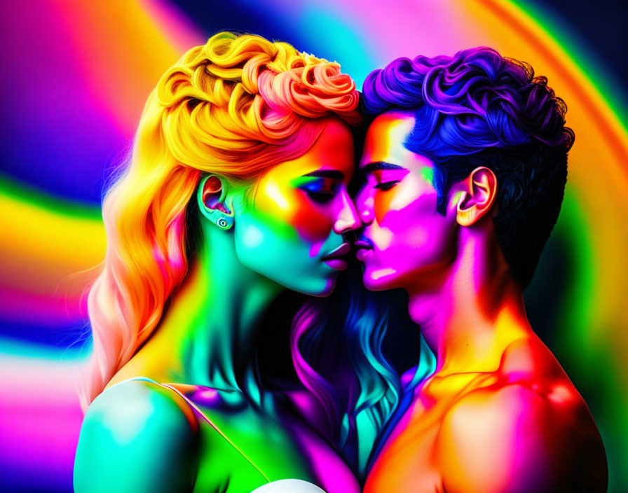 Vibrant multicolored lighting illuminating a couple's intimate moment