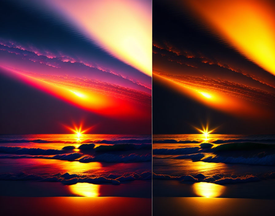 Split-image of vibrant ocean sunset with cloud streaks reflecting.