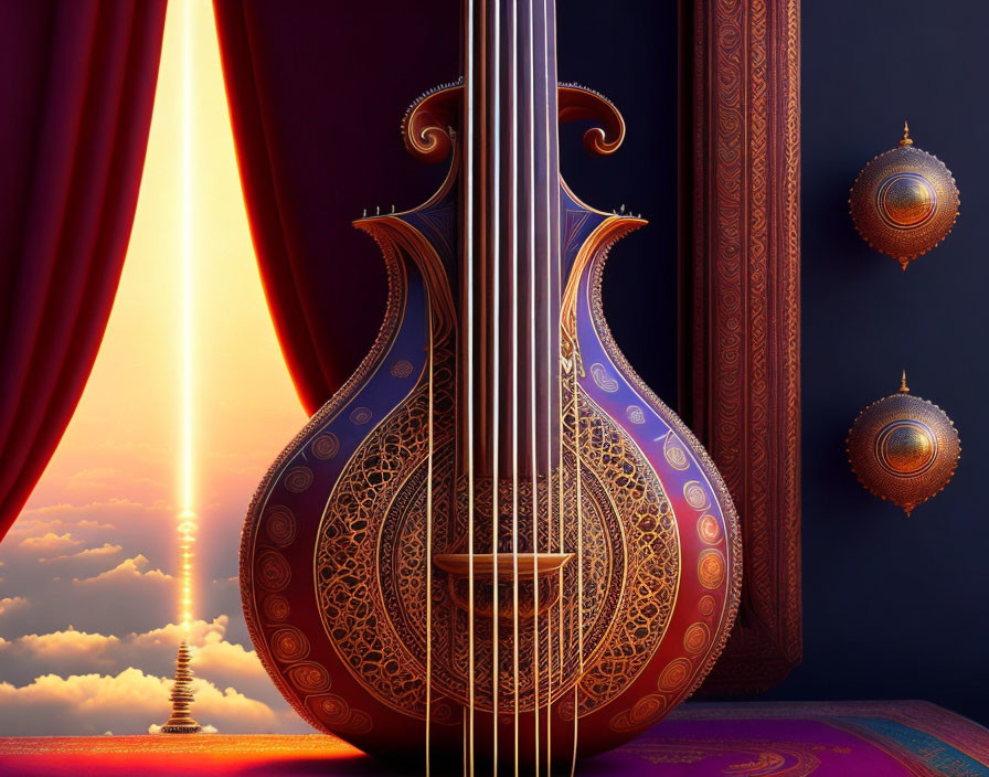 Stylized viola da gamba against sunset with lanterns, red curtain, and column