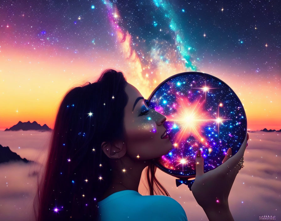 Woman kissing mirror with starry galaxy reflection & cosmic backdrop.