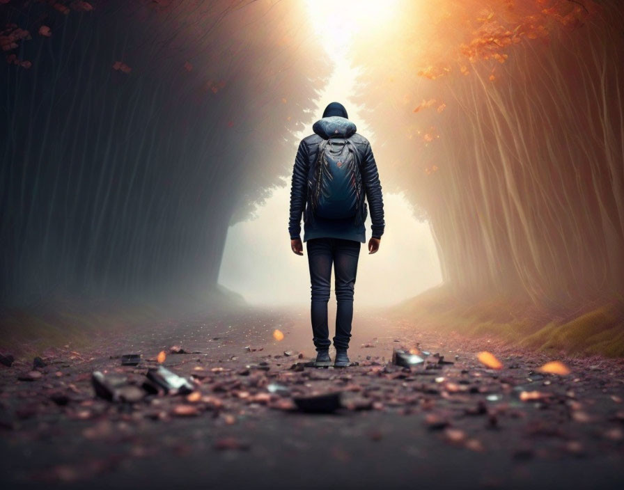 Autumnal forest scene: lone person with backpack on leaf-covered path.