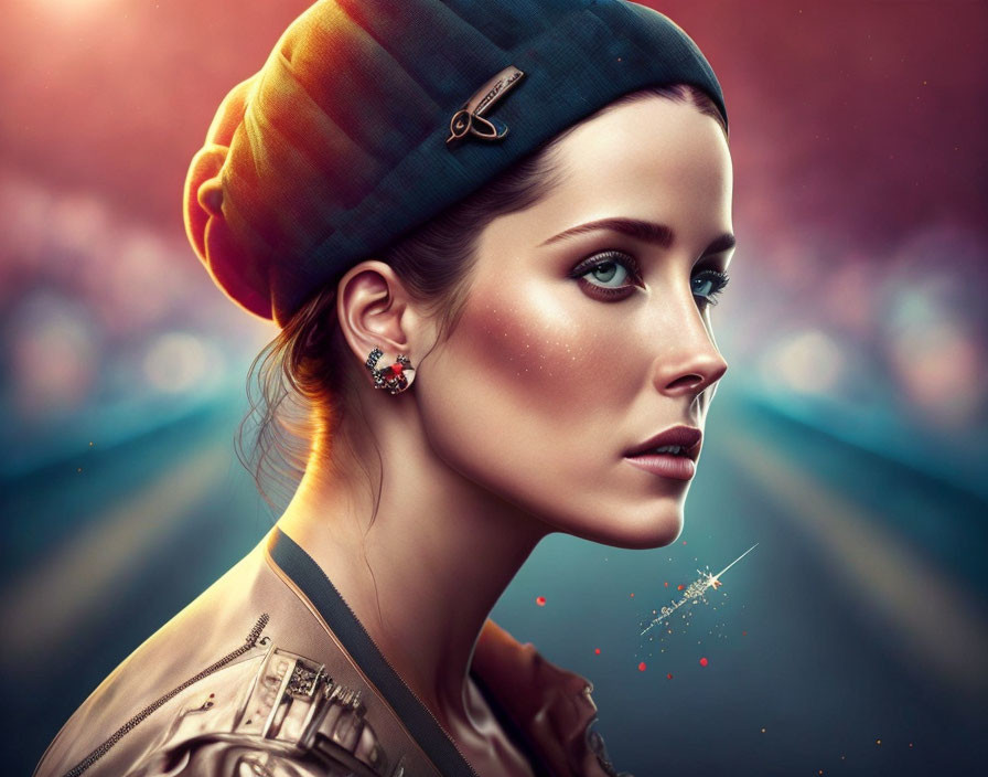 Vibrant digital artwork of a woman with green eyes in beanie and leather jacket