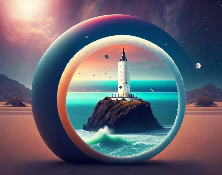 Surreal landscape with lighthouse, gradient-ring, day & night skies, desert, mountains