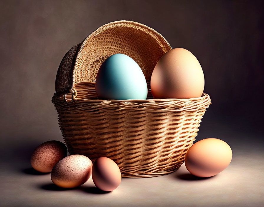 Straw hat on basket with eggs on textured surface