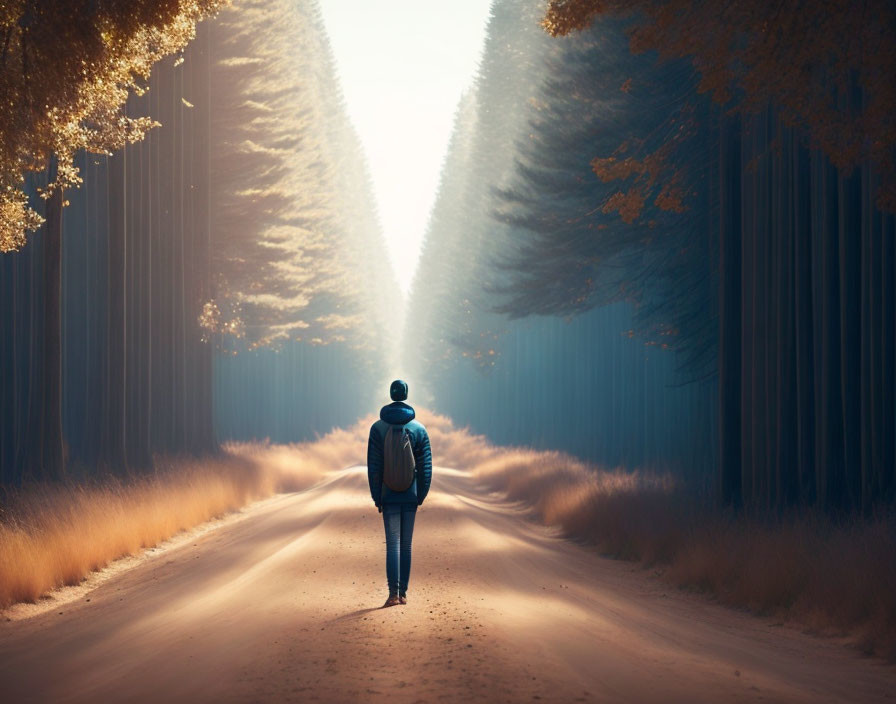 Hiker walking on sunlit forest road among tall trees