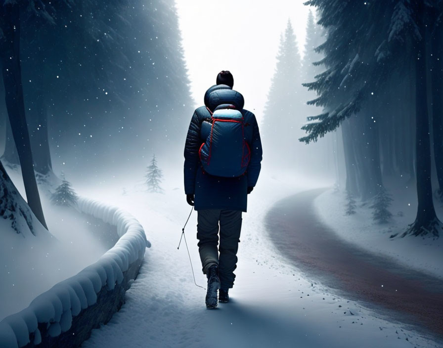 Person with backpack walks snowy forest path on serene winter day