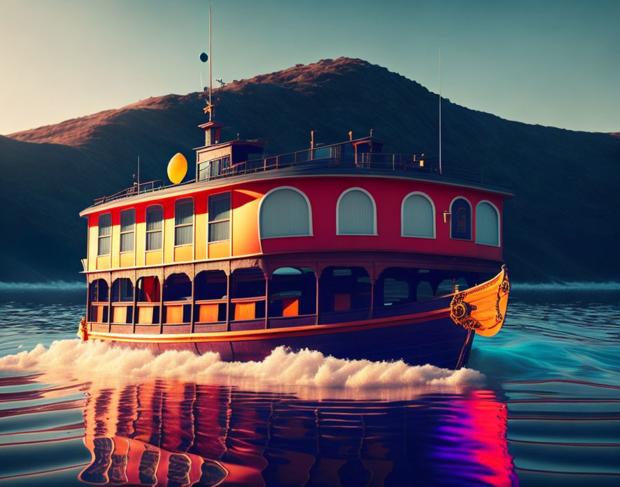 Vintage paddle steamer on serene lake at sunset with colorful reflections