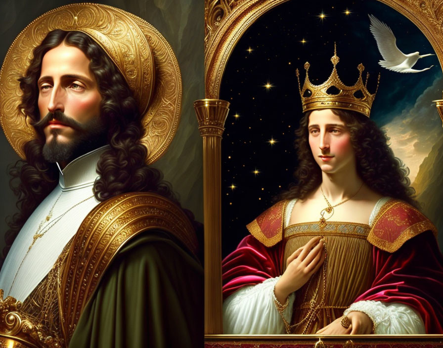 Majestic king and queen with crowns in celestial setting.