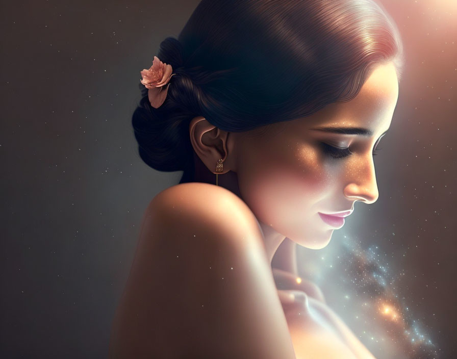 Profile portrait of woman with cosmic glow and elegant jewelry.