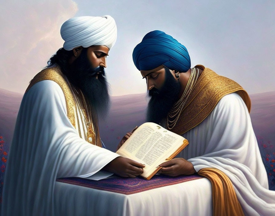 Sikh men reading holy book at dusk